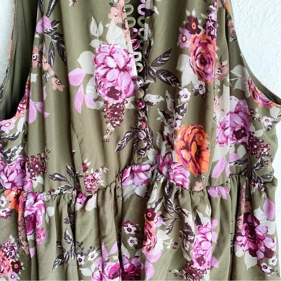 Torrid Floral Tiered Olive Chiffon Dress Sz 1 - Picture 3 of 6
